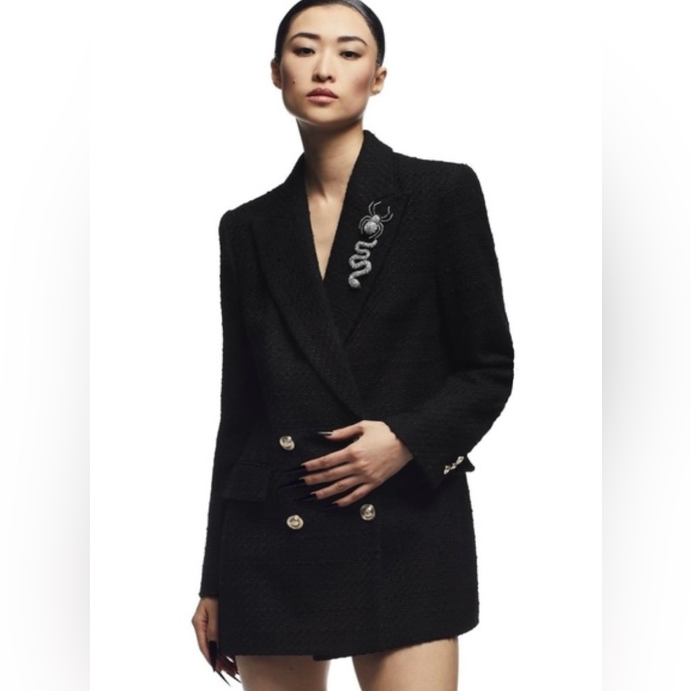 Zara Tweed Blazer Dress Jacket Suit Textured Black Gold Buttons Tailored M $119